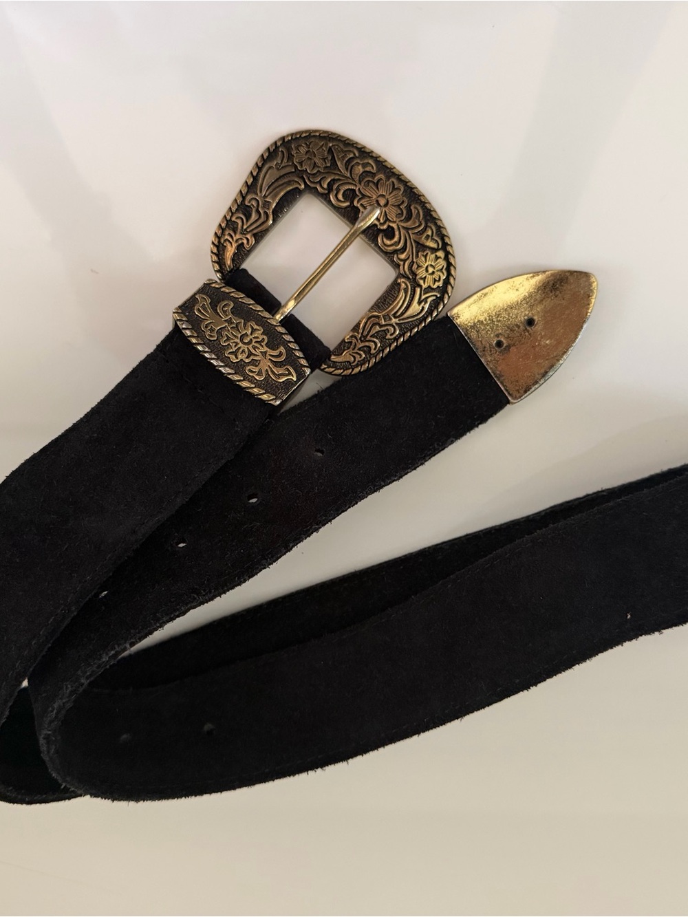 Black Suede Belt with Ornate Brass Buckle